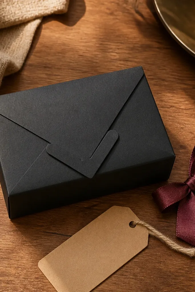 Folded envelope-shaped box with layered edges and a neat clasp.