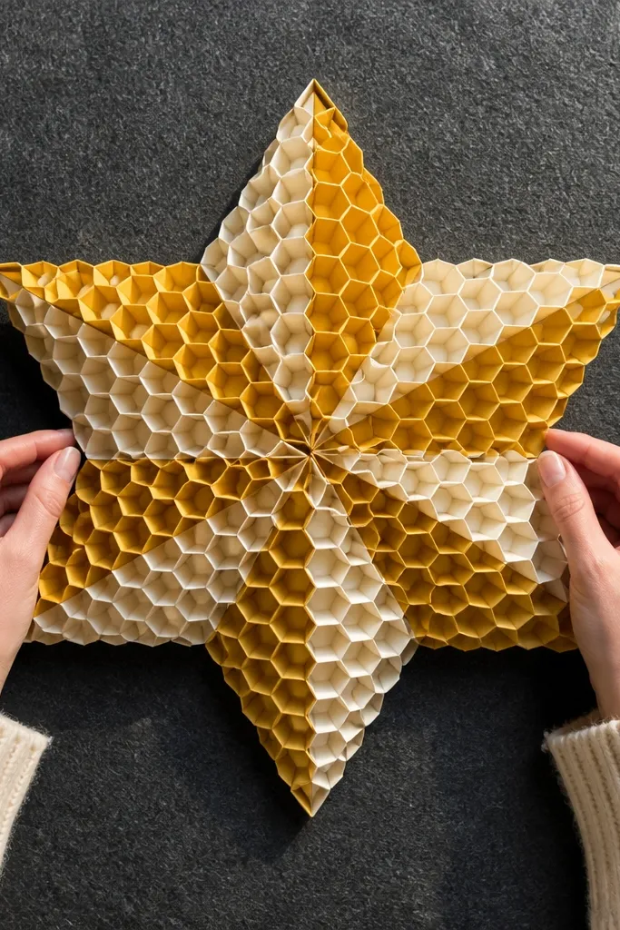 Honeycomb-style hexagon star made from folded paper cells with bold depth.