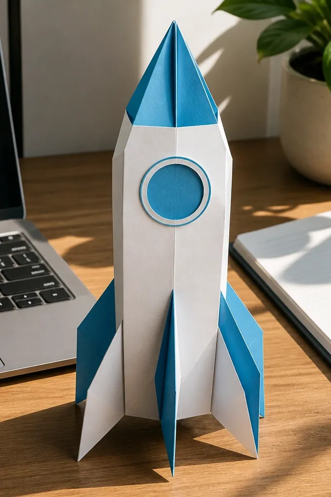 Small 3D rocket with folded fins and a pocket-held nose tip.