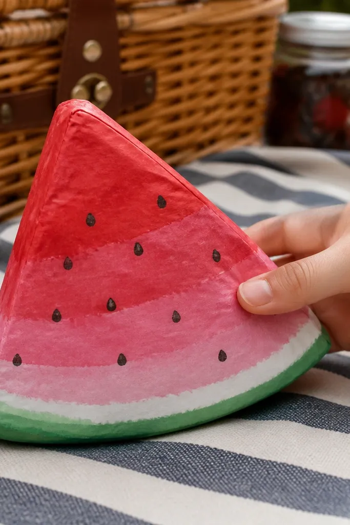 Triangular watermelon slice paper squishy with green rind and red center