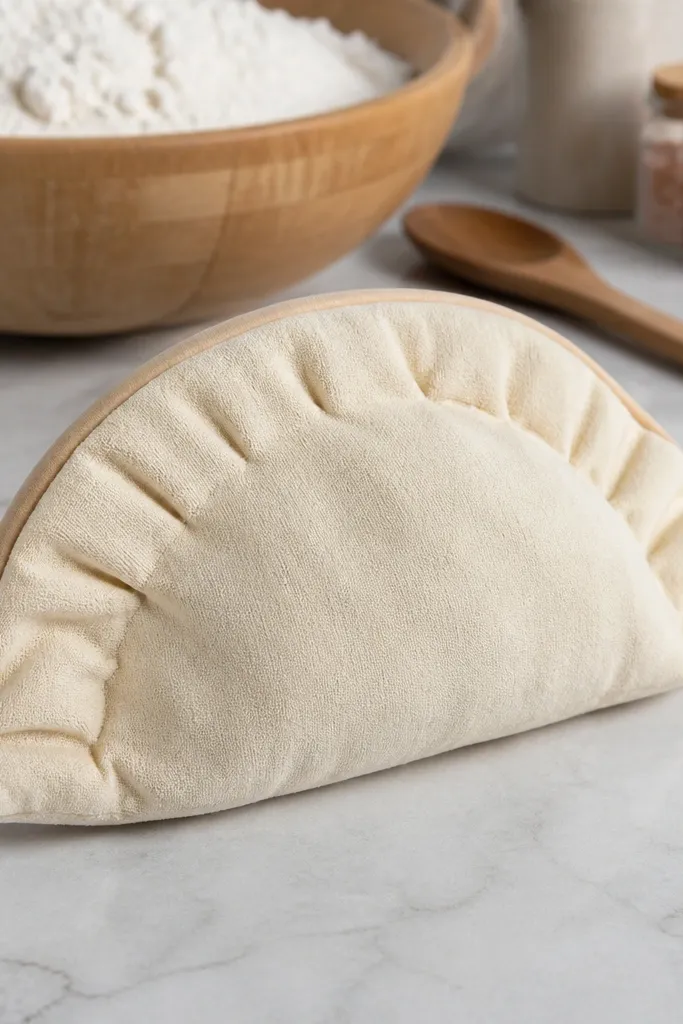 Folded dumpling-shaped paper squishy with pleated paper sides and a puffy center