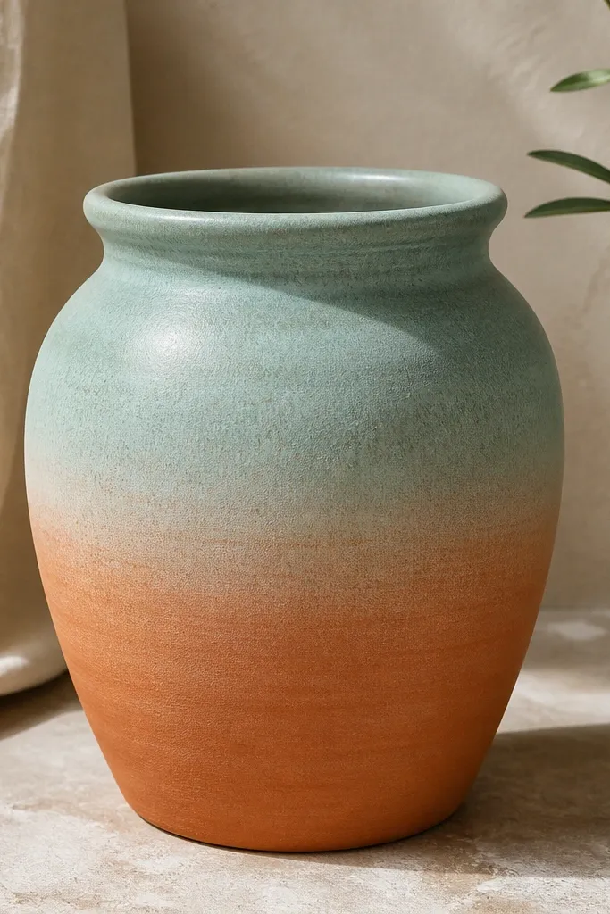 A pot with a vertical ombre: the top is sea-glass teal and fades smoothly into warm terracotta toward the bottom; the fade looks airbrushed but made with a brush.
