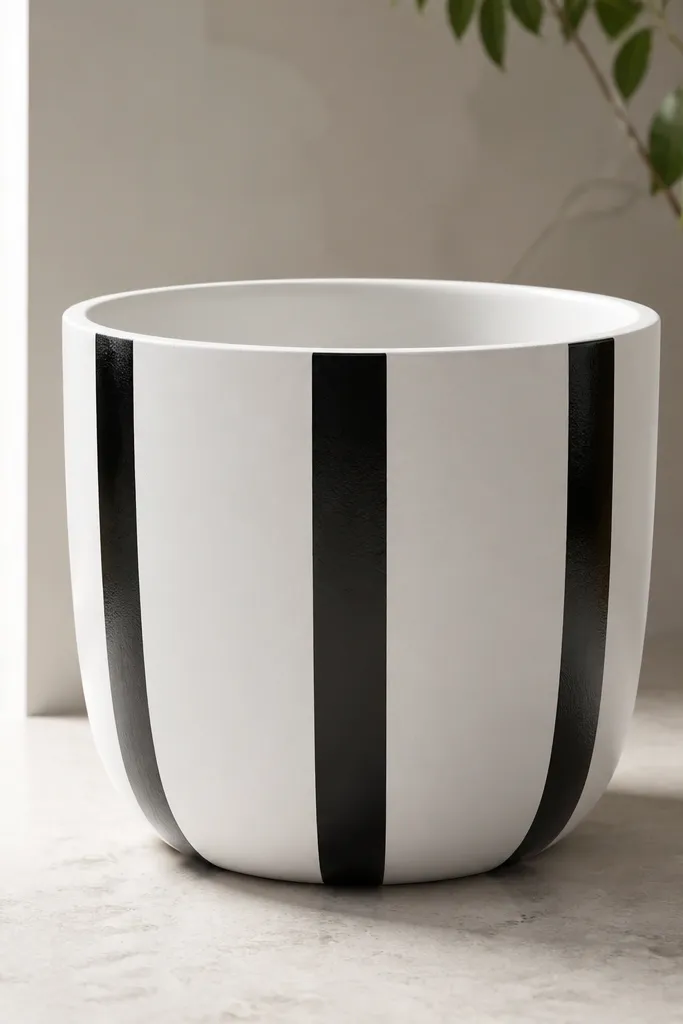 A plain pot painted white with three vertical black stripes evenly spaced; stripes are straight, glossy-satin, and the edges are clean.
