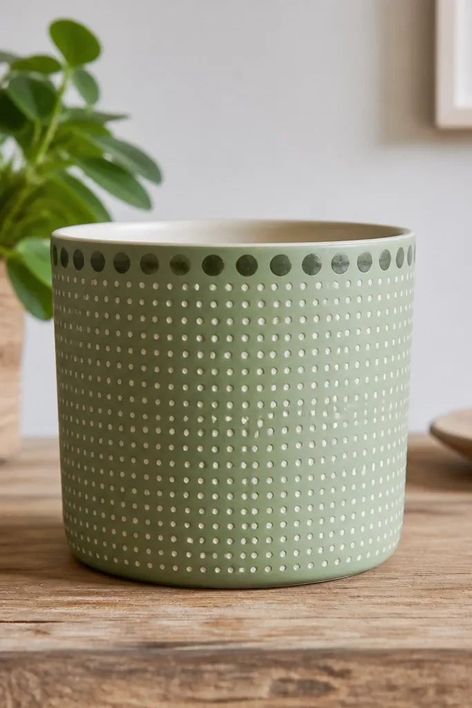 A pot covered in a neat dot grid: small off-white dots on a sage background, with a thicker row of darker dots near the rim.