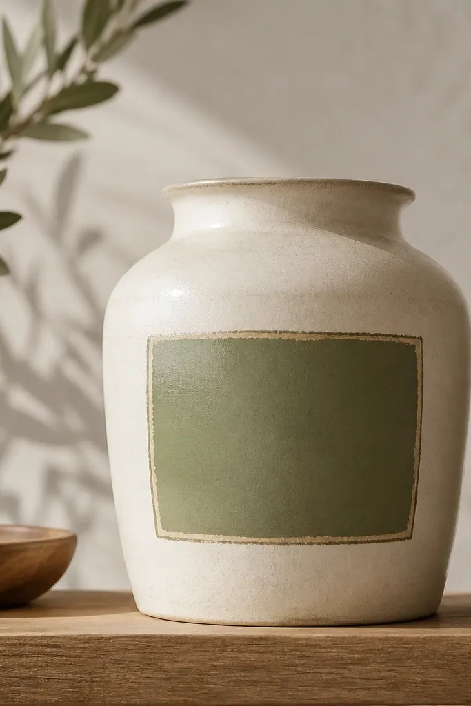 A pot painted warm cream with a rectangular label area in muted olive; the label has rough paper-like edges and a small painted border.