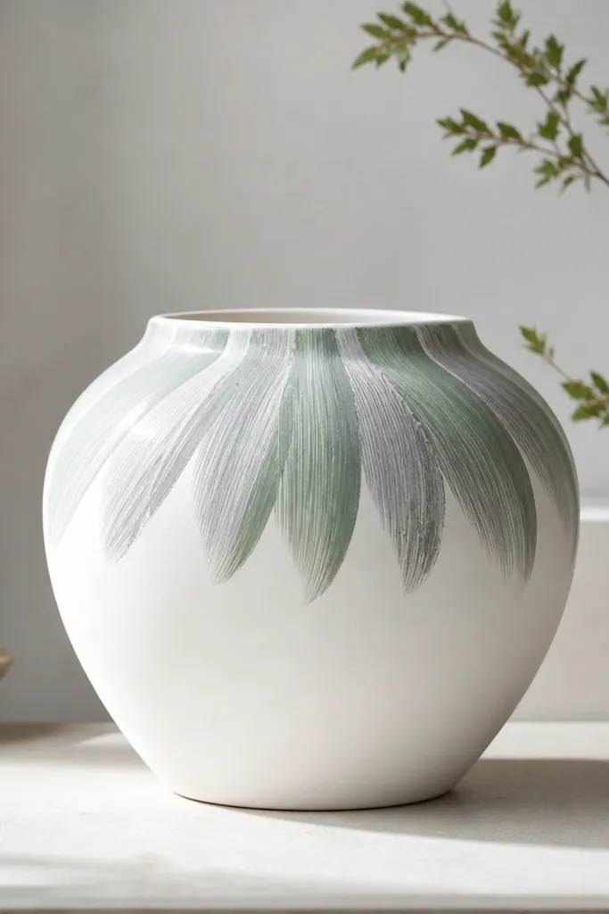 A pot with a white base and a fan of feather-like strokes around the top third, using pale green and soft gray paint; the strokes radiate outward like a fan.