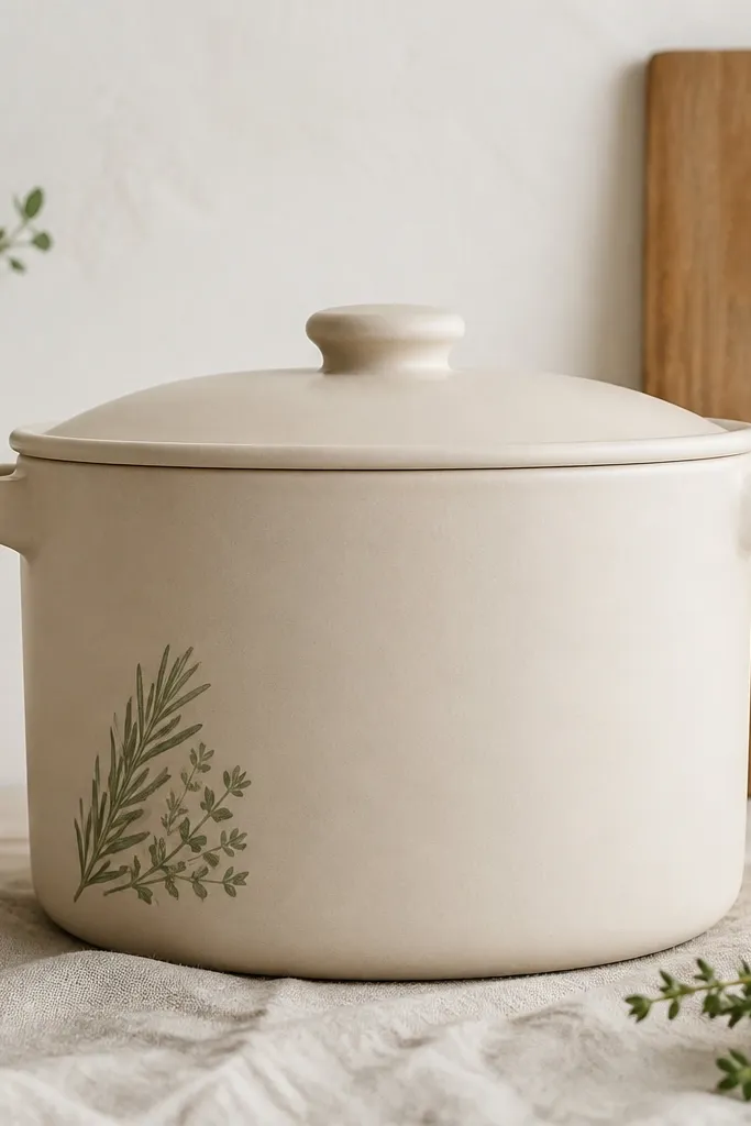 A light beige pot with a small cluster of green herb icons in one corner - a rosemary sprig and thyme leaves - made with a stencil; the rest stays plain.