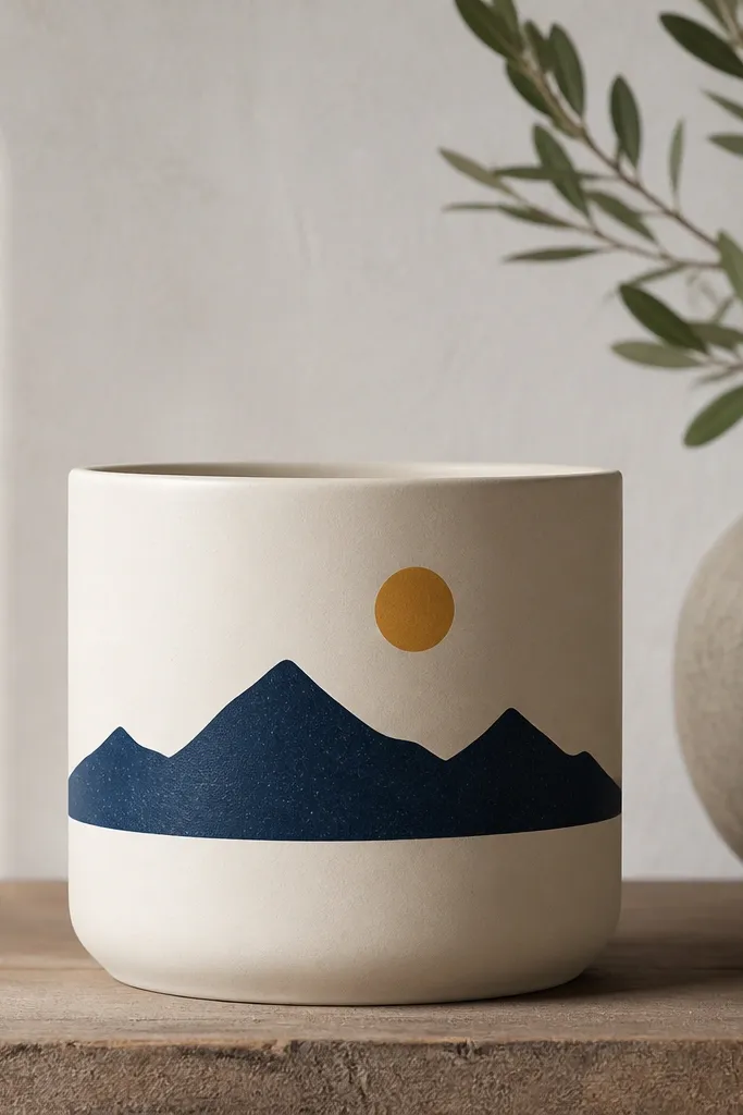 A cream pot with a single dark navy mountain silhouette across the middle, with a small sun circle above it; edges are sharp and simple.