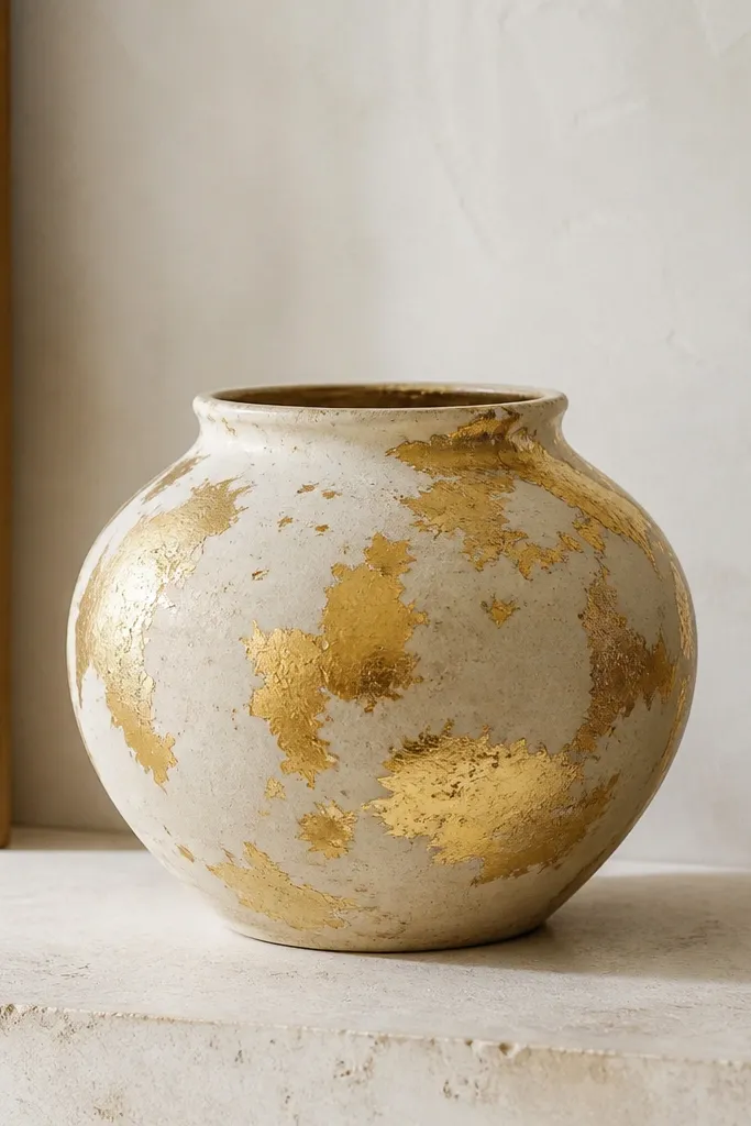 A pot with a cream base and irregular metallic gold patches that look like leaf fragments; the edges are uneven and natural.