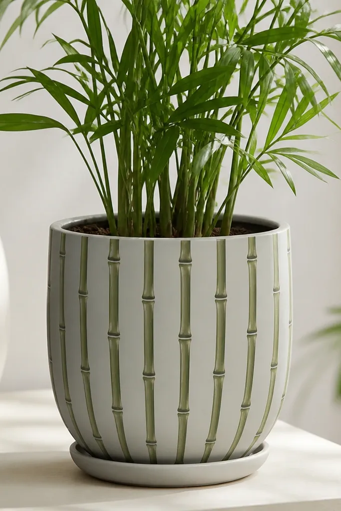 A light gray pot painted with vertical bamboo-like stripes in warm green, with tiny darker nodes along the stripes; the pattern repeats neatly.