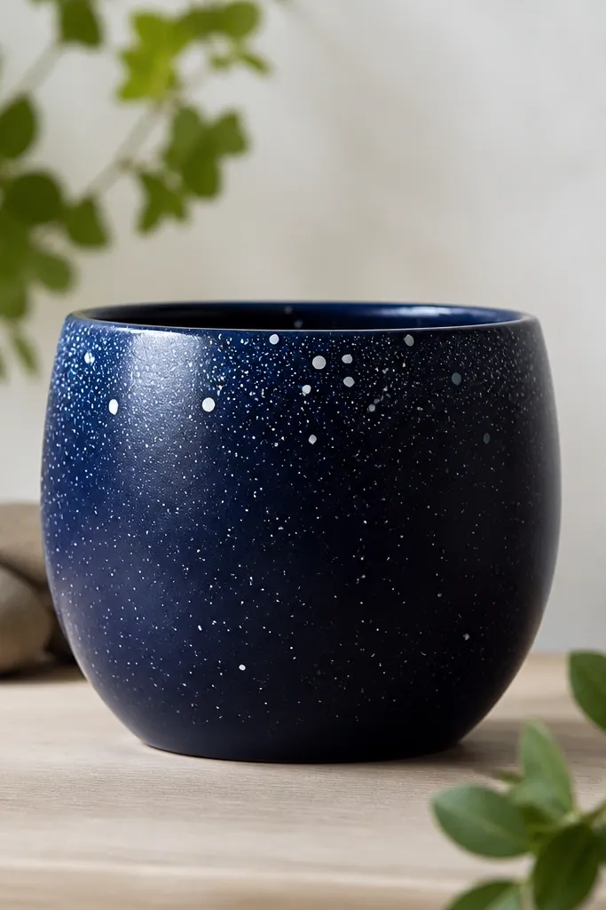 A deep navy pot covered in small white and light blue speckles like stars; a few larger dots cluster near the top.