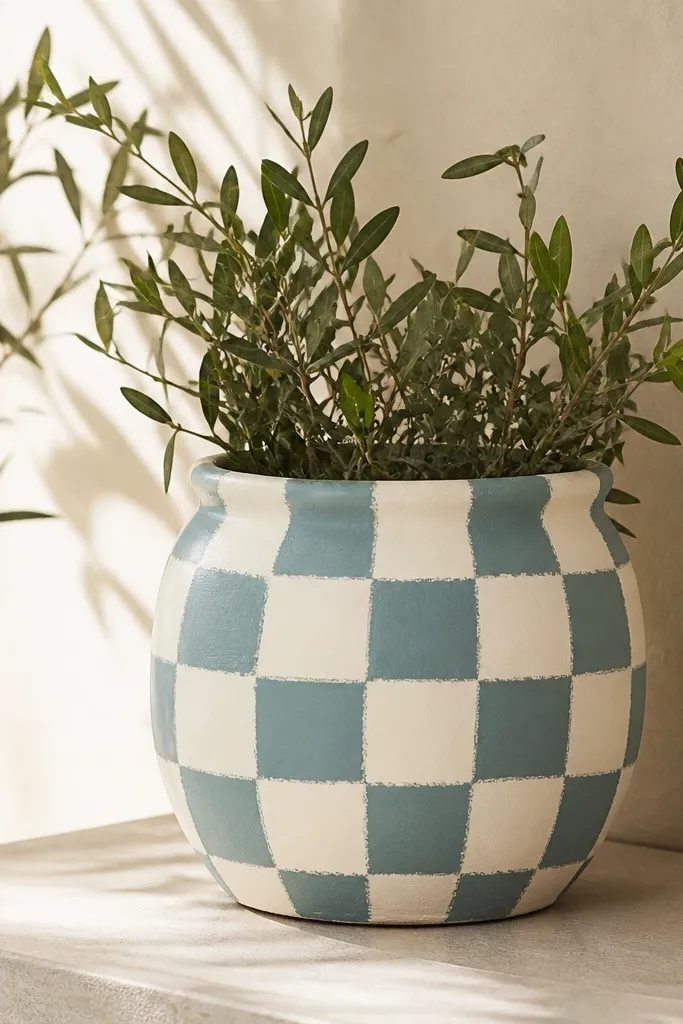 A pot painted in a checkerboard pattern of cream and muted teal squares; squares have slightly rounded edges from a sponge application.