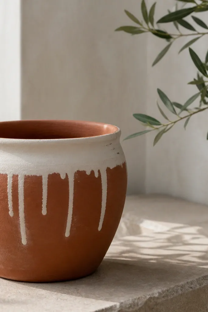 A pot left terracotta with a thick white band near the top and several controlled white drips running down; drips are uneven but deliberate.