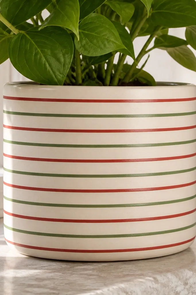 A cream pot with alternating thin red and green horizontal lines stacked evenly; the lines look like candy cane stripes but around the pot.