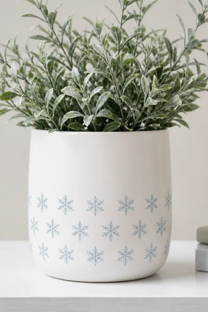 A white pot with repeated small snowflakes in pale icy blue across the lower half; snowflakes are crisp and evenly spaced.