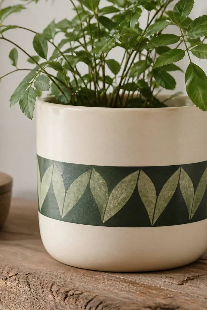 A pot with a dark green ring around the middle and lighter green leaf arcs inside the ring; the rest is cream.