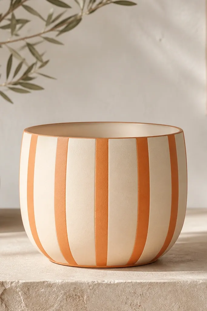 A pot in warm cream with 6 vertical soft orange stripes and a thin darker orange outline at the edges; stripes curve slightly around the pot.
