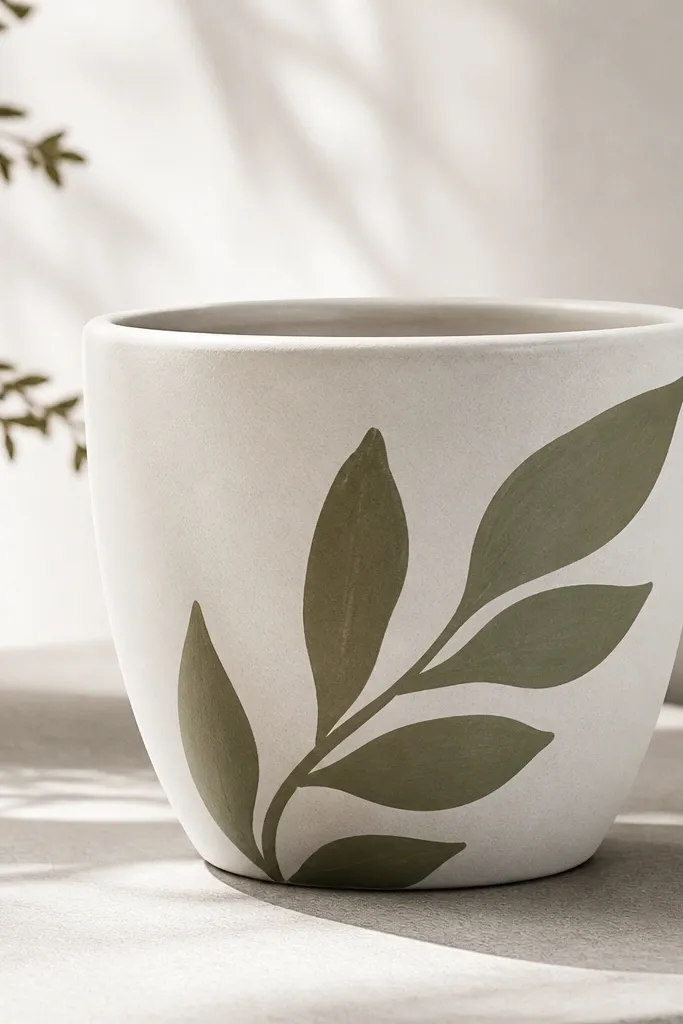 A pot with a matte white base and a few large leaf silhouettes painted in muted olive, placed diagonally across one side.