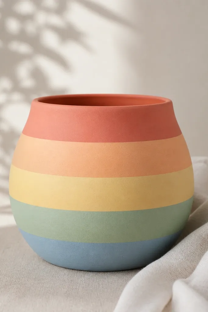 A pot painted in horizontal bands of muted pastel colors: coral, peach, butter yellow, sage, and light blue, with clean tape edges.