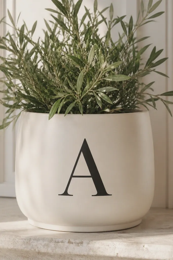 A cream pot with a single large monogram letter in black, centered; the letter edges are crisp and the paint pen lines are clean.