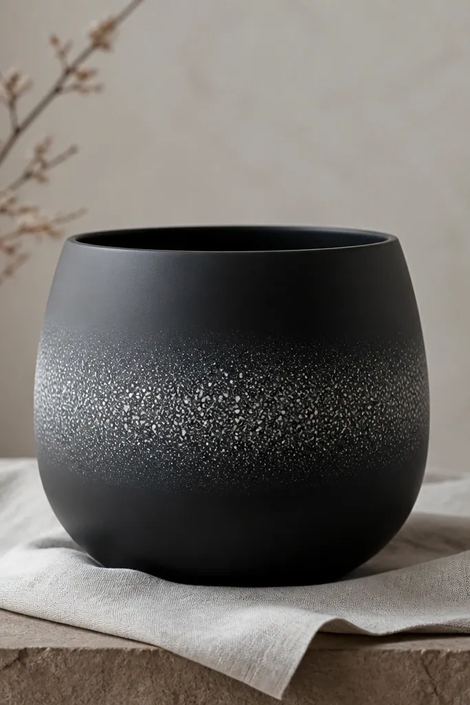 A matte black pot with a soft circular halo of white speckles around the middle; speckles fade at the edges.