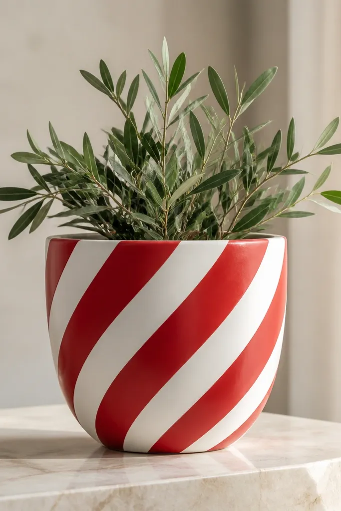 A pot with diagonal curved stripes in red and white wrapped around the sides like a candy cane; stripes are slightly twisted and clean.