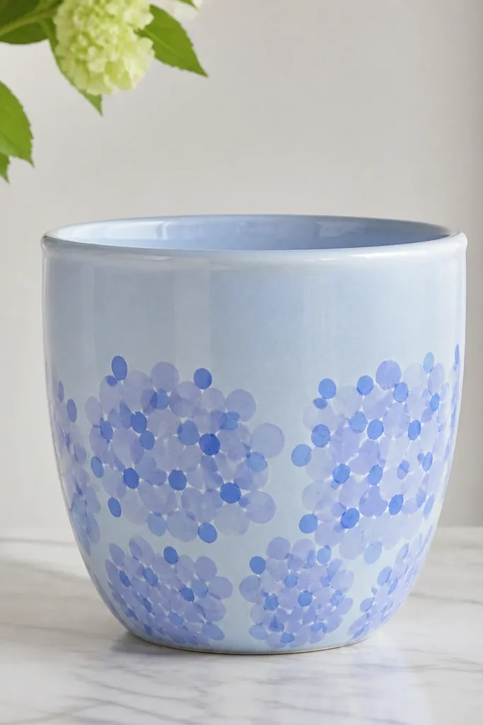 A light blue pot with clusters of periwinkle dots and soft blobs arranged like hydrangea petals; clusters repeat around the lower half.