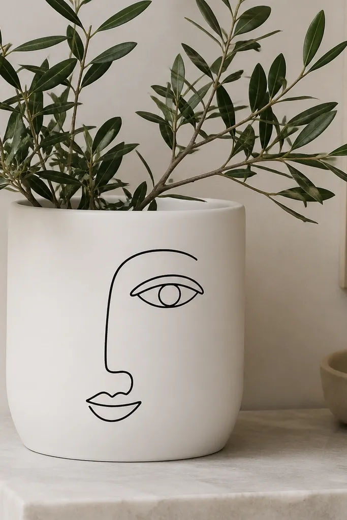 A white pot with a simple black single-line face drawn on one side: an eye, nose, and mouth with smooth continuous lines; no shading.