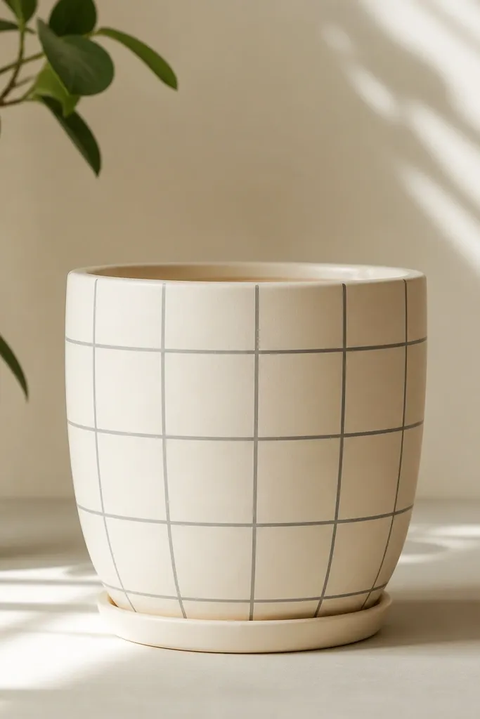 A terracotta pot that has been painted with a light cream base and has thin gray lines forming a grid like tile; lines are straight and evenly spaced.