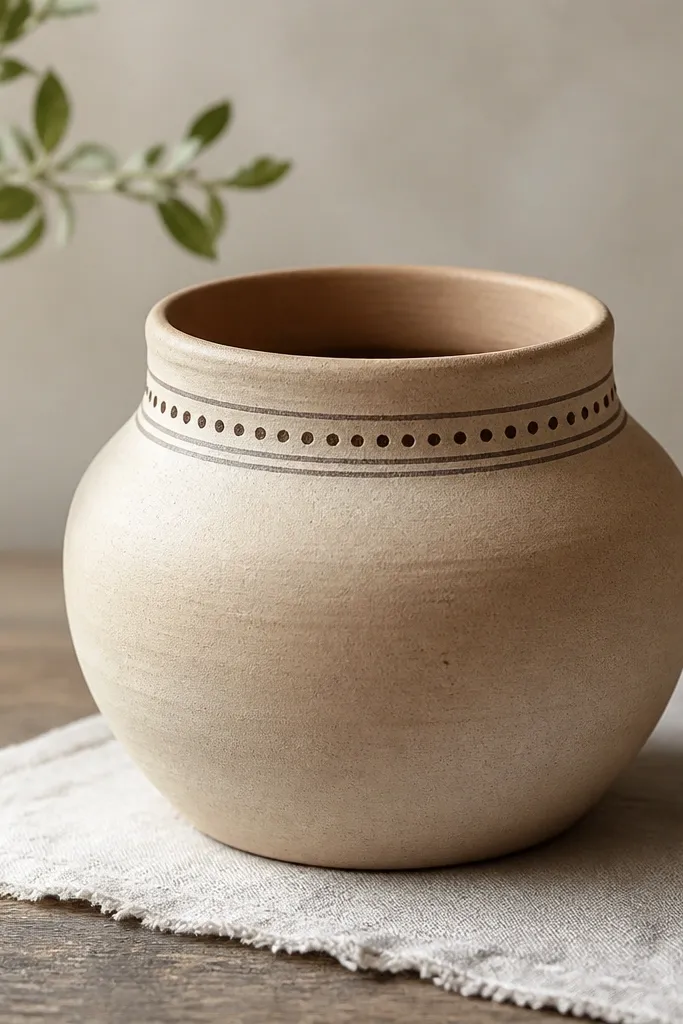A pot with a plain body and a decorated rim band: thin stripes above and below a line of tiny dots; the rest stays unpainted or lightly coated.