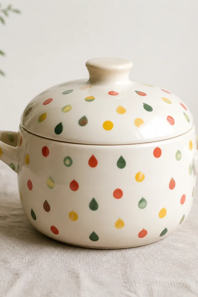 A pot with scattered confetti shapes: small stamped circles and teardrops in red, yellow, and green on a white base.