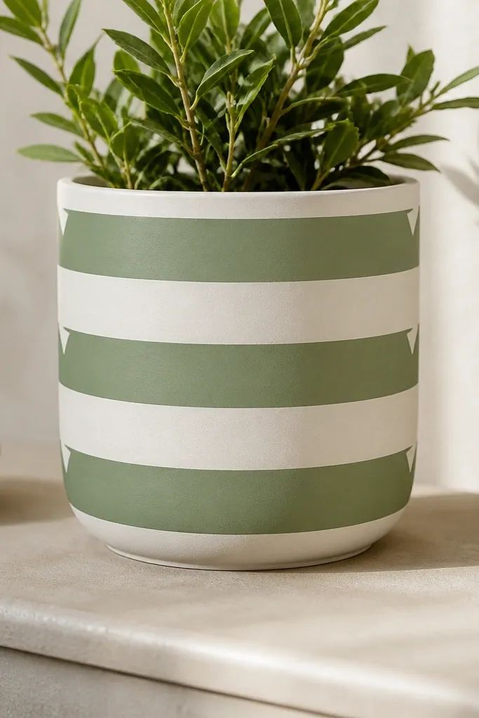 A white pot with alternating horizontal stripes in muted green and cream, plus small corner triangle accents on each stripe band.