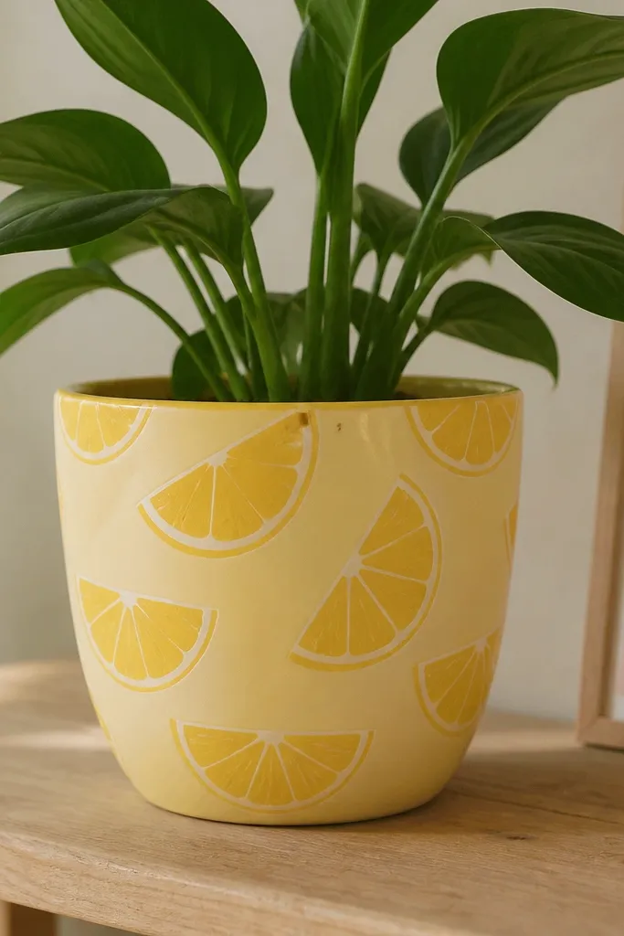 A pot painted pale yellow with repeated half-moon citrus segments in a slightly deeper yellow and thin white lines like rind slices.