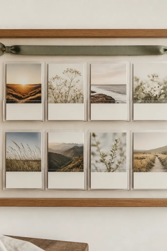 A wall-mounted wooden frame with a clear plastic sheet covering the center. Inside, several horizontal acrylic card sleeves hold printed prayer prompts. The sleeves are aligned in two rows, with a small sage ribbon strip at the top.
