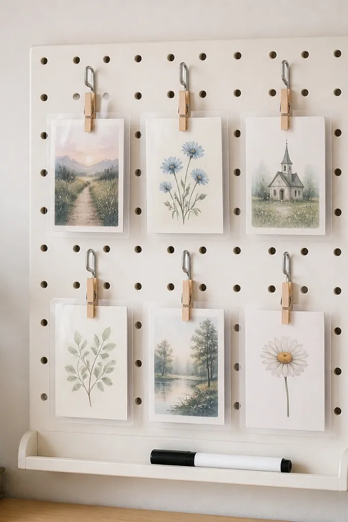 A small square pegboard painted off-white. Several metal hooks hold laminated prayer cards clipped with mini clothespins. A thin ledge at the bottom holds a small dry-erase marker tray.