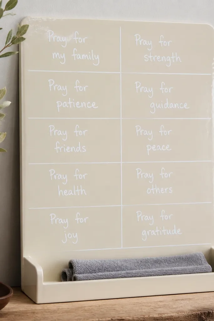 A small rectangular board painted matte cream and sealed with a glossy clear coat. Handwritten prayers in white chalk marker sit inside a simple grid. A folded microfiber cloth rests in a tray at the bottom edge.