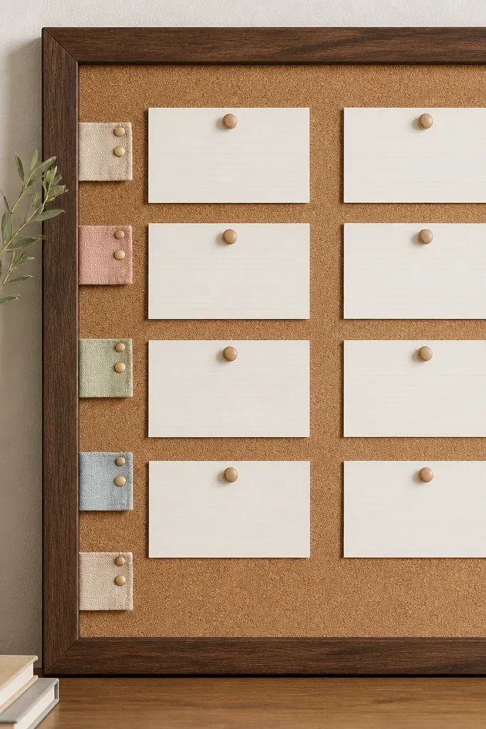 A framed corkboard with small fabric tabs pinned along the left side. Index cards are held by push pins, each card labeled with a prayer topic. The frame is dark walnut color with a clean border.