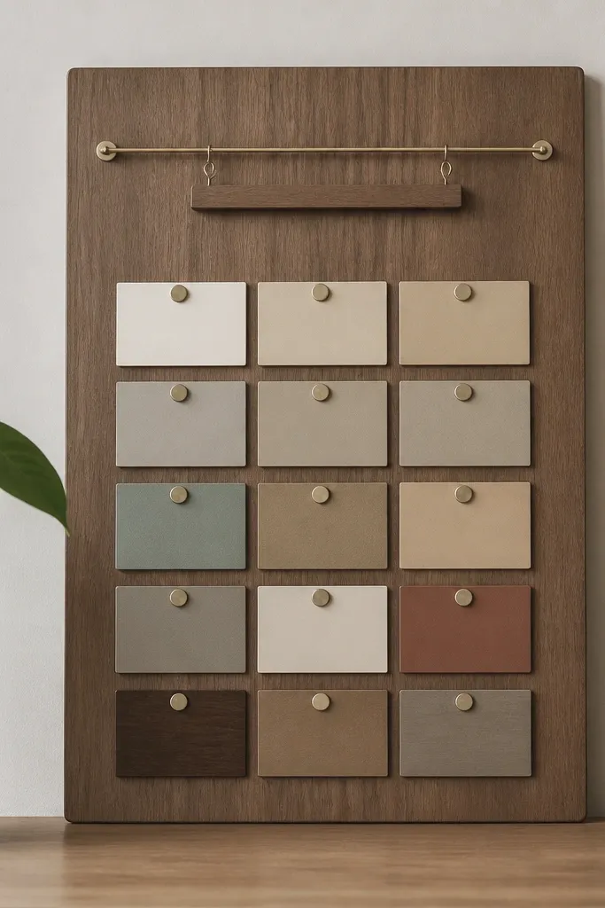 A medium walnut-colored wood panel sealed with matte finish. Several small magnets hold thin laminated strips arranged in a neat grid. A thin brass hook line at the top holds a tiny magnet strip for new cards.