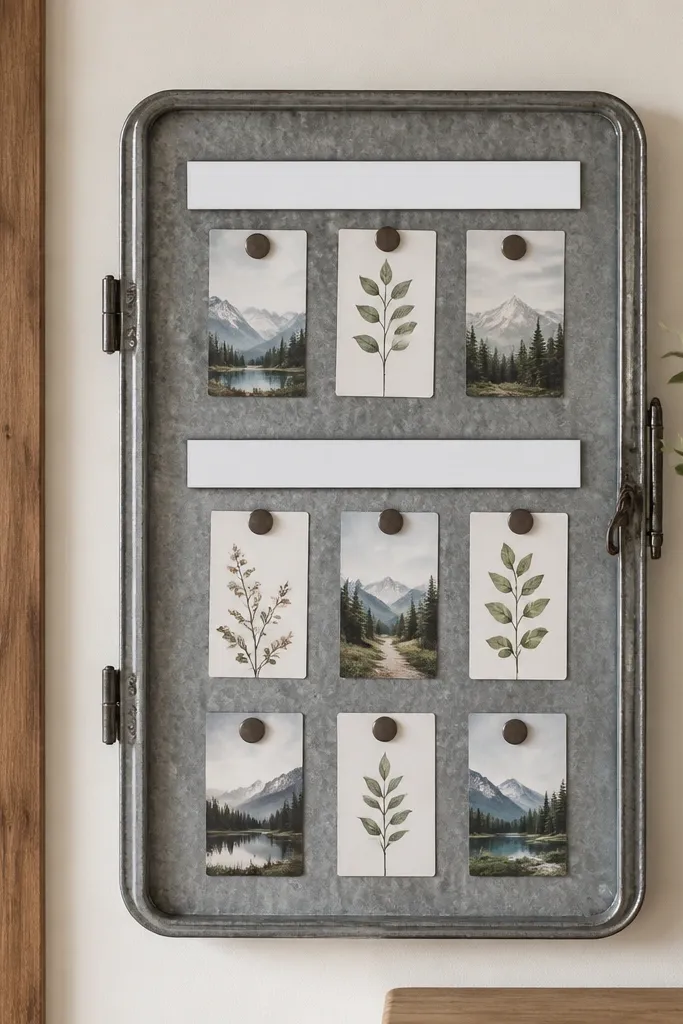A galvanized metal tray mounted vertically like a small door. Two narrow dry-erase strips sit at the top and middle. Small magnets hold printed scripture cards in a grid.