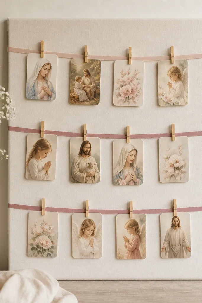 A 18x24 inch foam core board covered in soft cream fabric. Thin strips of blush and dusty rose ribbon hang in three horizontal rows. Small wooden clothespins hold mini prayer cards with rounded corners.