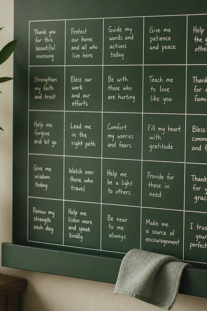 A dark green painted board with a matte finish. White vinyl labels form a grid of squares. Each square has a small handwritten prayer in chalk marker, and a tray at the bottom holds a microfiber cloth.