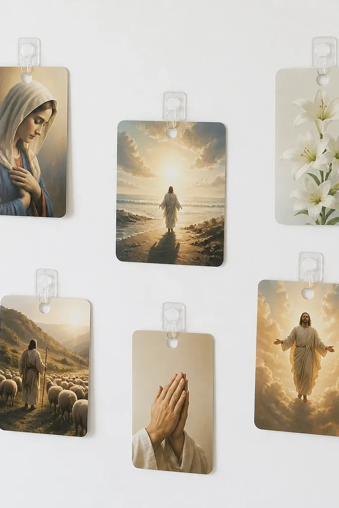 A plain white board with several small clear Command-style clips holding laminated prayer cards. Each card has a rounded corner and a hole punched at the top for easy clip placement.