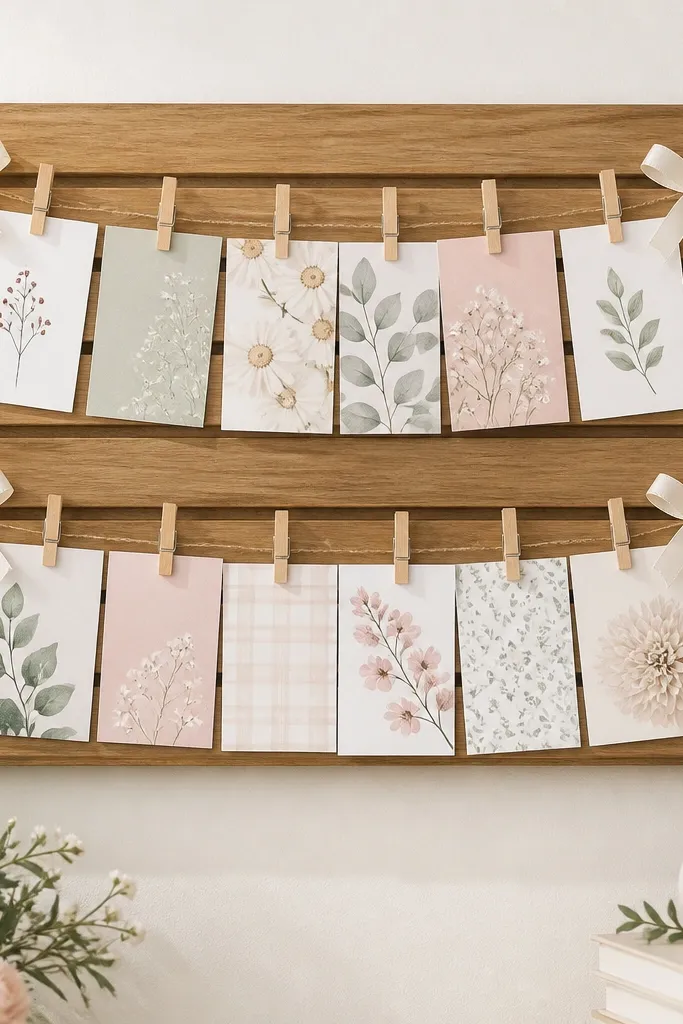 A horizontal wood slat board with two rows of small clothespins. Mini cards hang from the clothespins like bunting, with tiny ribbon bows at the ends.