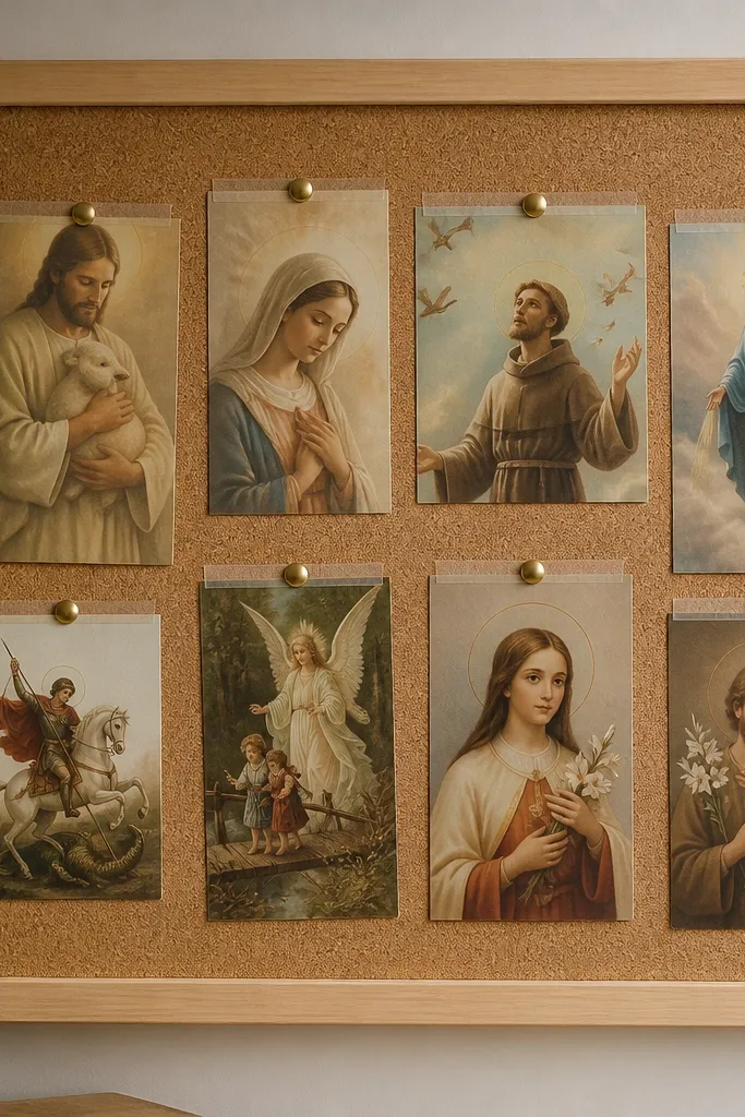 A cork board framed in light wood. Prayer cards are pinned with small brass push pins. Clear tape strips run along the top edges of each card so they lie flat.