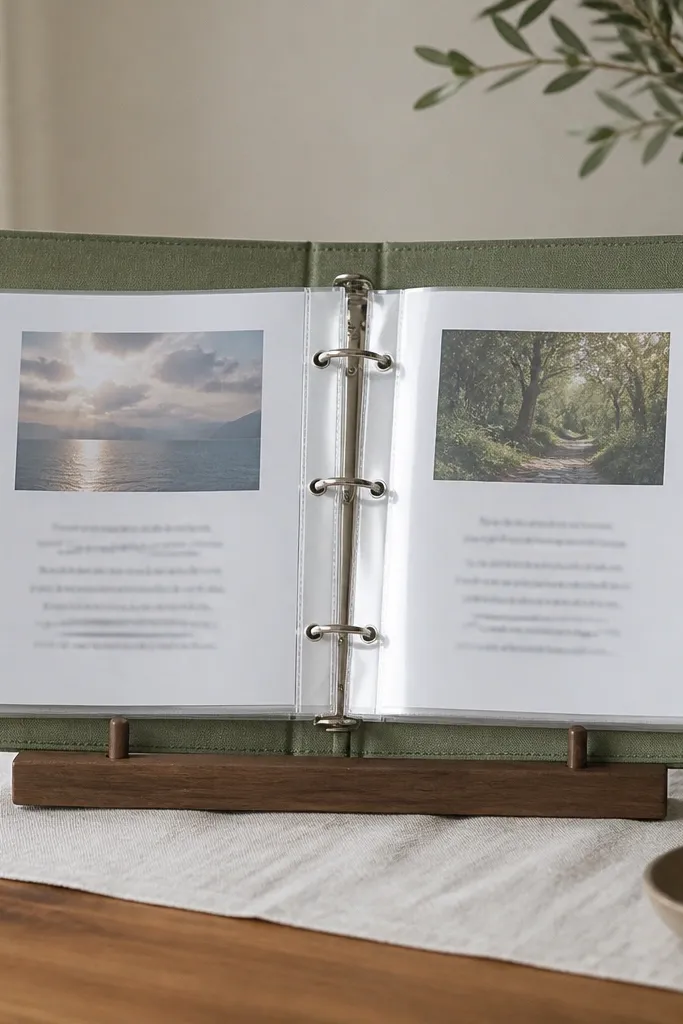 A flat ring binder mounted open on a stand, with clear plastic page sleeves. Each sleeve holds printed prayers and a small tab for quick navigation. The binder cover is a textured fabric in muted green.