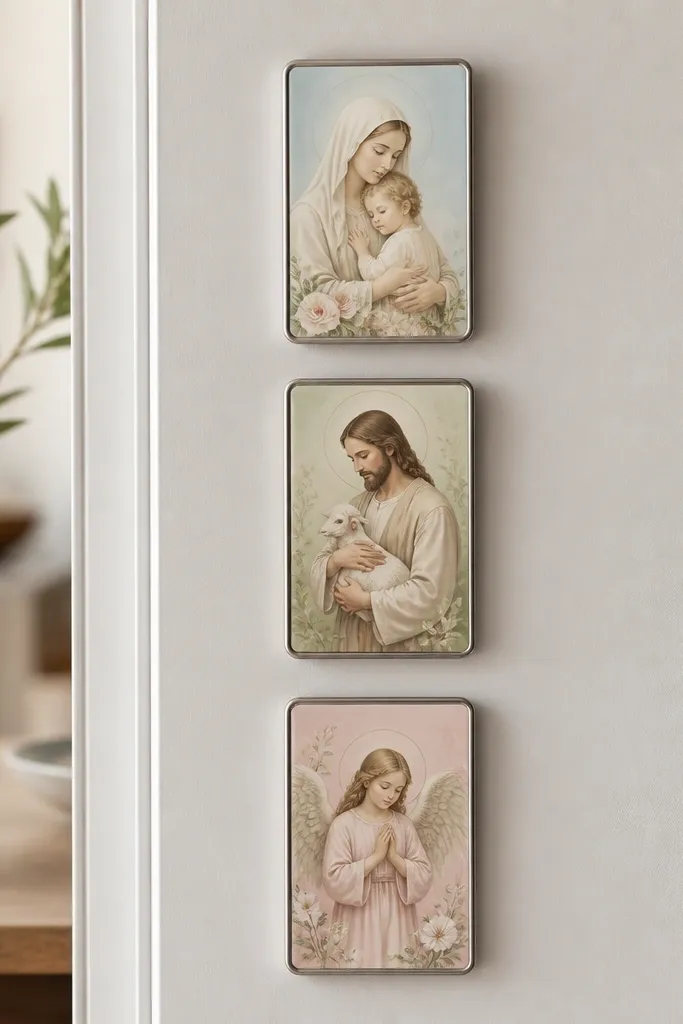 A trio of small magnetic photo frames mounted in a vertical column. Each frame holds a different prayer card, and the frames have a thin metal border. The cards have soft pastel backgrounds.