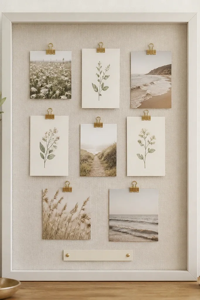 A white picture frame filled with a stretched linen fabric backing. Tiny gold binder clips hold small verse cards. A thin label at the bottom reads a short theme in neat handwriting.