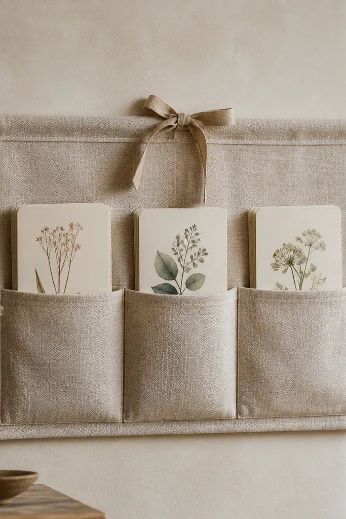 A linen fabric panel mounted on the wall with three stitched pockets. Each pocket holds a printed card set, and the top edge has a small ribbon tie for closing.