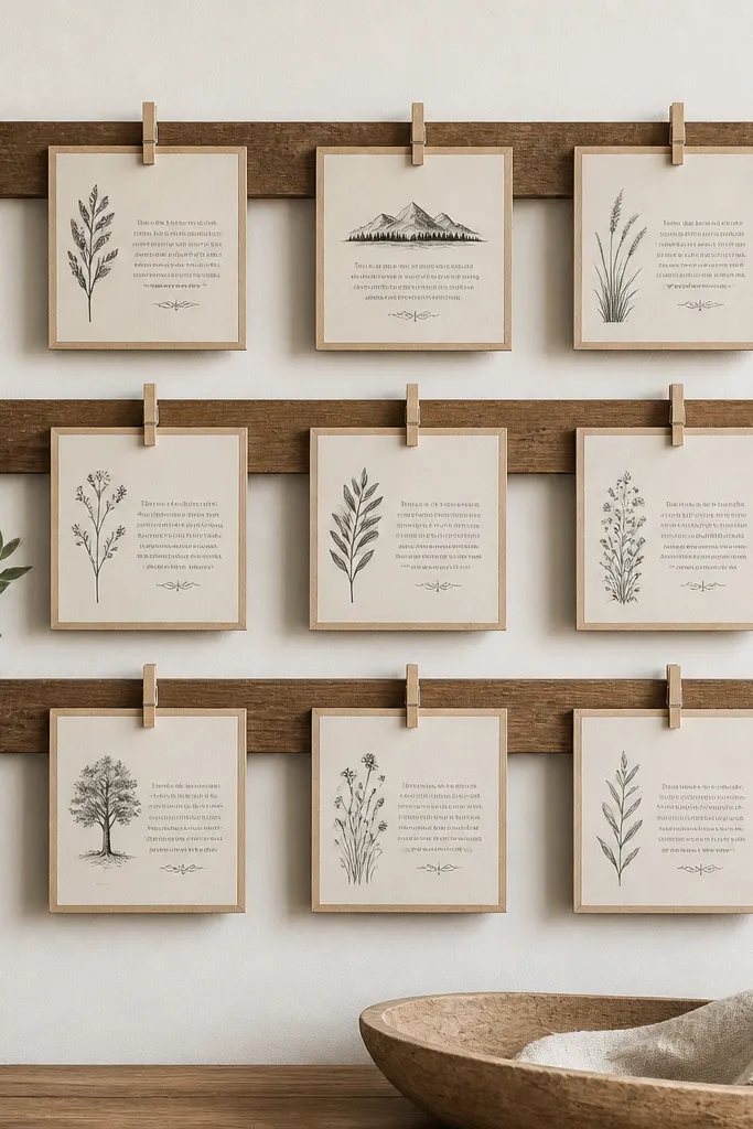Three horizontal wooden slats on a light wall background. Small 3x3 mini frames clip onto the slats with simple pegs. Each frame holds a printed prayer in black ink on cream paper.