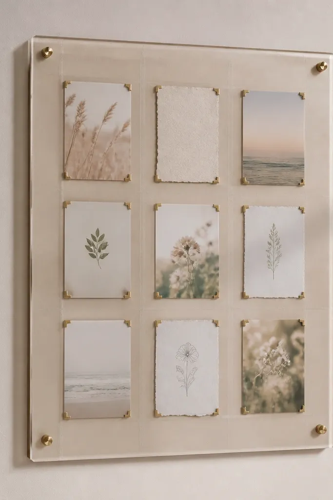 A clear acrylic sheet mounted on a backing board. A washi tape grid forms squares, and small paper cards sit under the acrylic using corner clips. The background behind the acrylic is soft beige.
